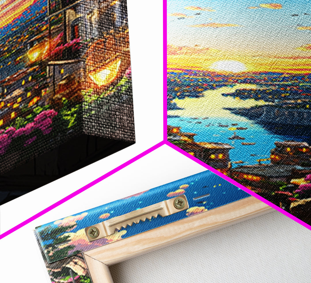 Romantic Sunset River City Balcony With Flowers Wall Art, Mediterranean Travel Poster, Coastal Home Decor, Colorful Art Print