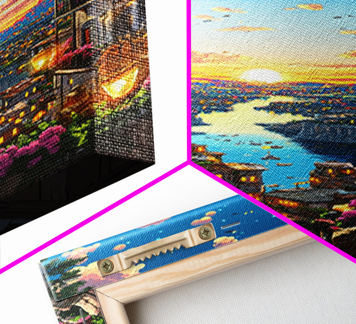 Romantic Sunset River City Balcony With Flowers Wall Art, Mediterranean Travel Poster, Coastal Home Decor, Colorful Art Print