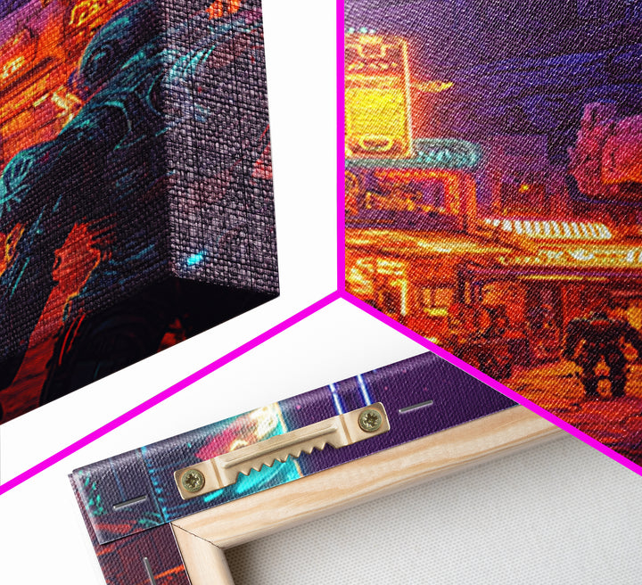 Neon Spaceport Street With Astronaut And Moon Wall Art, Cyberpunk Sci Fi Poster, Gaming Room Decor, Futuristic Canvas Art
