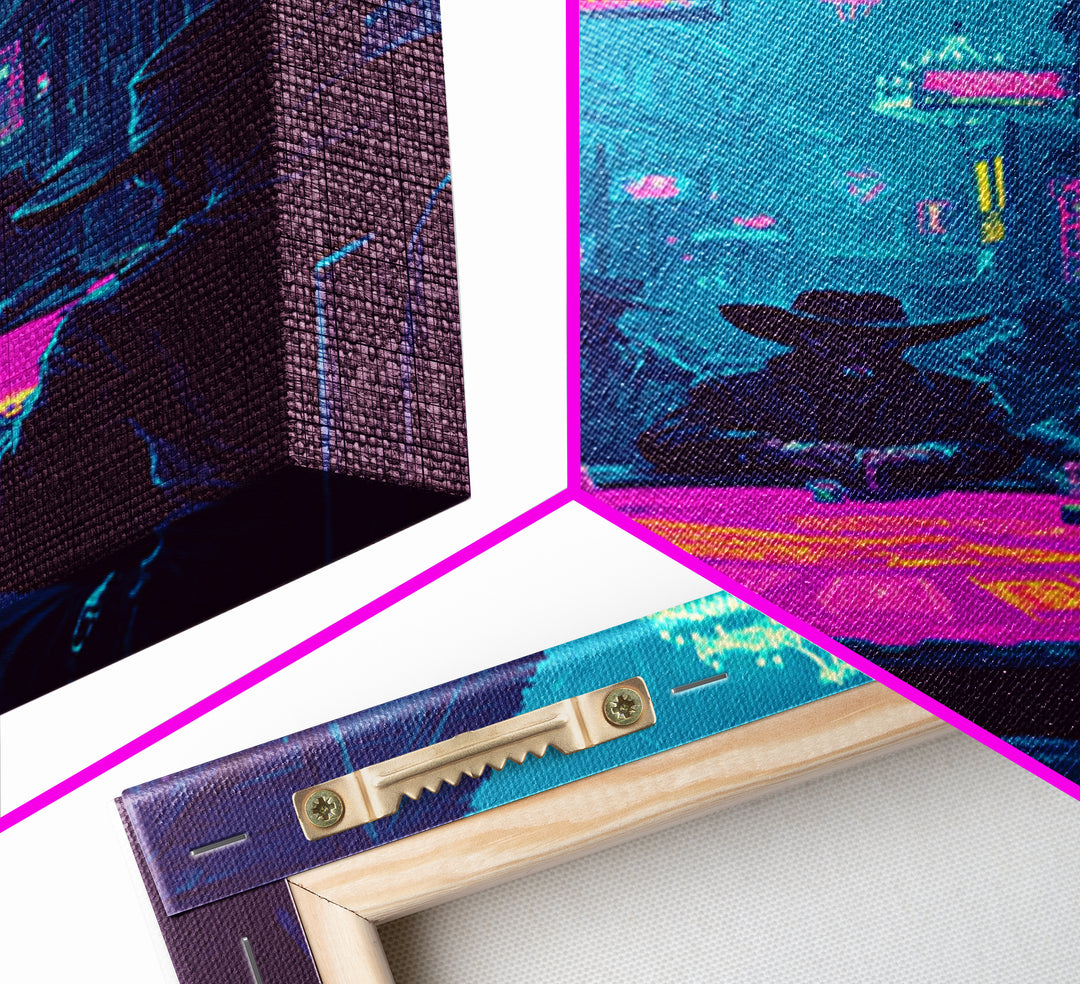 Neon Cyberpunk Poker Game With Cowboys Framed Canvas Print, Western Wall Art, Man Cave Decor, Gaming Room Poster Gift For Him