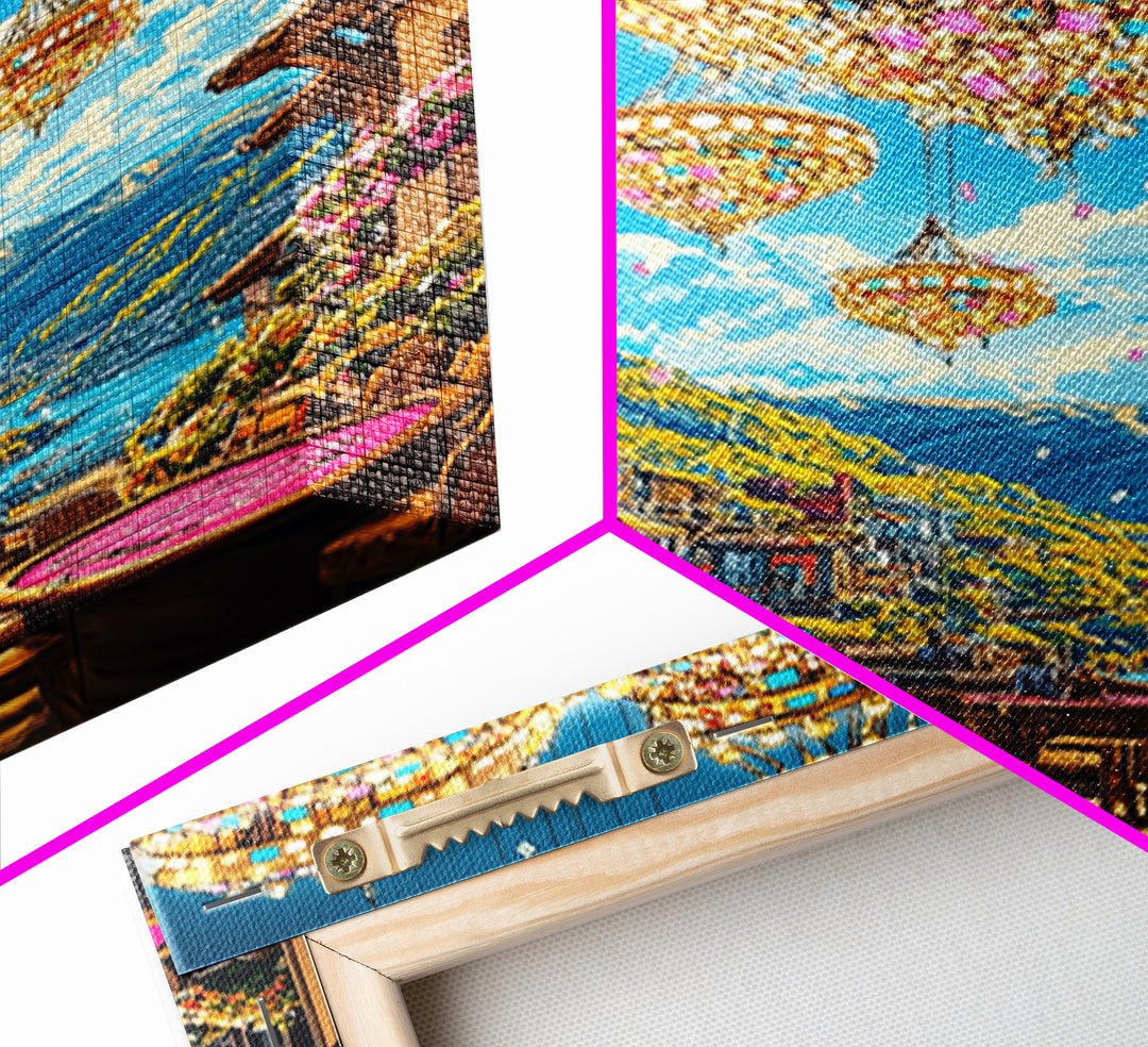 Jeweled Chandeliers Over Alpine Village Canvas Print, Whimsical Mountain Wall Art, Maximalist Luxury Home Decor, Statement Artwork