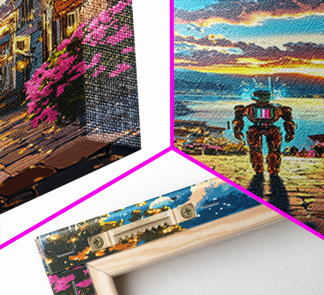 Astronaut In Sunset Coastal Village Framed Canvas Print, Sci Fi Wall Art, Futuristic Seascape, Gaming Room Decor, Unique Gift