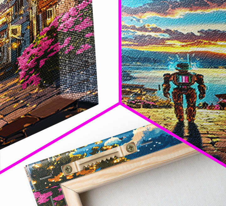 Astronaut In Sunset Coastal Village Framed Canvas Print, Sci Fi Wall Art, Futuristic Seascape, Gaming Room Decor, Unique Gift