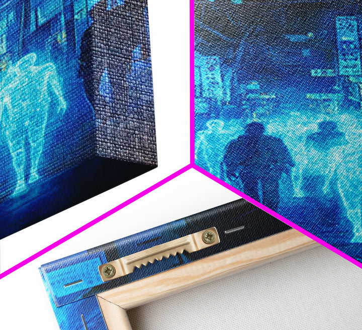 Blue Hologram Figures In Cyberpunk Alley Framed Canvas Print, Neon Wall Art, Sci Fi Cityscape, Gaming Room Decor, Futuristic Decor