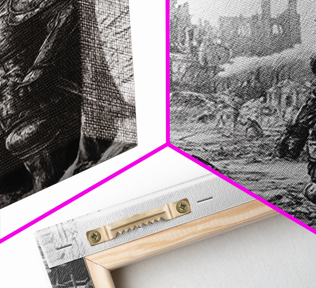 Black And White Armored Knight In Ruined Gothic City Wall Art, Dark Fantasy Medieval Warrior Print For Office Decor