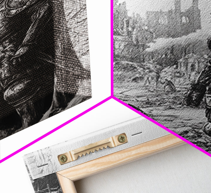 Black And White Armored Knight In Ruined Gothic City Wall Art, Dark Fantasy Medieval Warrior Print For Office Decor