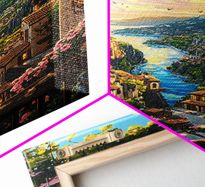 Sunlit Italian Cliff Village With River And Flowers Framed Canvas Print, Mediterranean Landscape Wall Decor Gift For Her