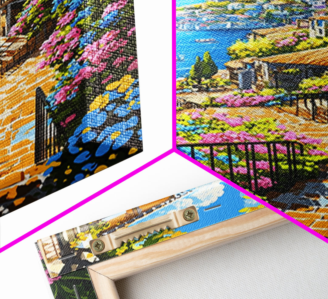 Mediterranean Coastal Stairway With Bougainvillea Canvas Print, Travel Poster Wall Art, Colorful Living Room Decor Housewarming Gift