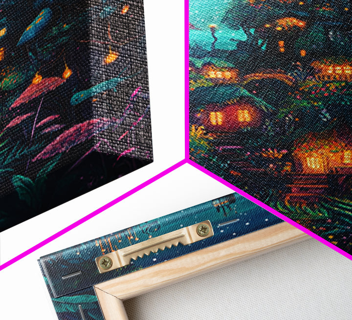 Moonlit Steampunk Mushroom City With Glowing Lanterns Canvas Print, Dark Fantasy Wall Art, Maximalist Decor Gift For Him
