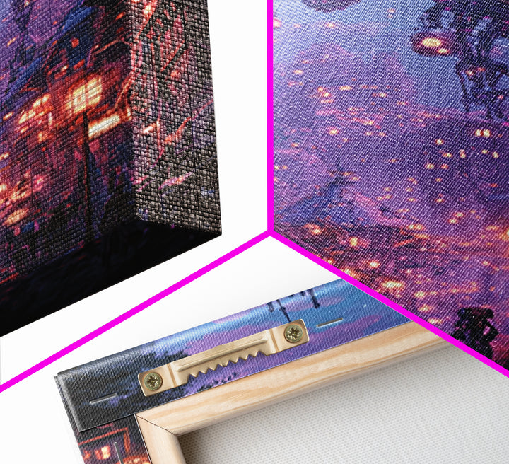 Purple Cyberpunk Village With Floating Machines Canvas Print, Sci Fi Wall Art, Futuristic Gaming Room Decor Gift For Him