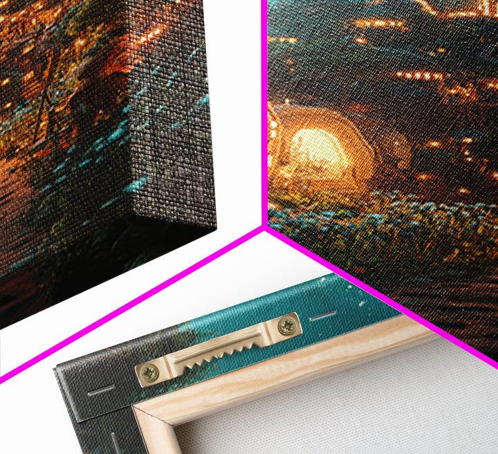 Glowing Futuristic Forest Village Canvas Print, Sci Fi Wall Art, Cyberpunk Decor, Unique Fantasy Landscape, Gaming Room Decor
