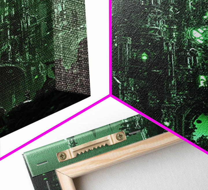 Emerald Gothic Citadel Framed Canvas Print, Dark Fantasy Wall Art, Green Castle Decor, Moody Office Art, Gothic Home Decor