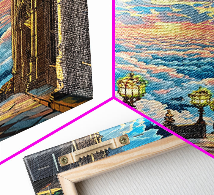 Celestial Cloud City Stairway Framed Canvas Print, Fantasy Wall Art, Sky Castle Decor, Dreamy Landscape, Bedroom Wall Decor