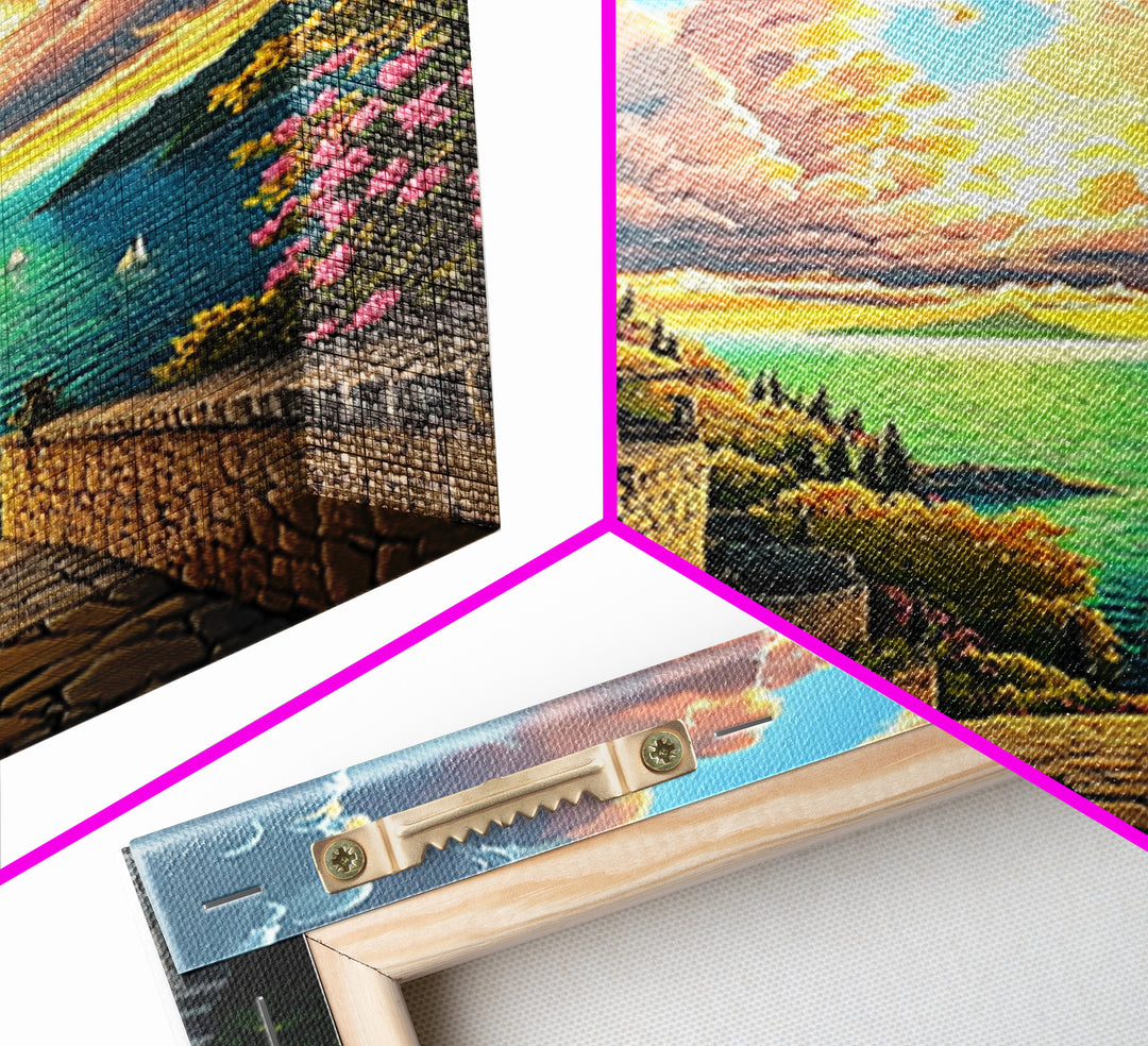 Sunset Castle Coast Path Wall Art, Mediterranean Seascape Canvas Print, Colorful Coastal Decor, Fantasy Landscape Art Print