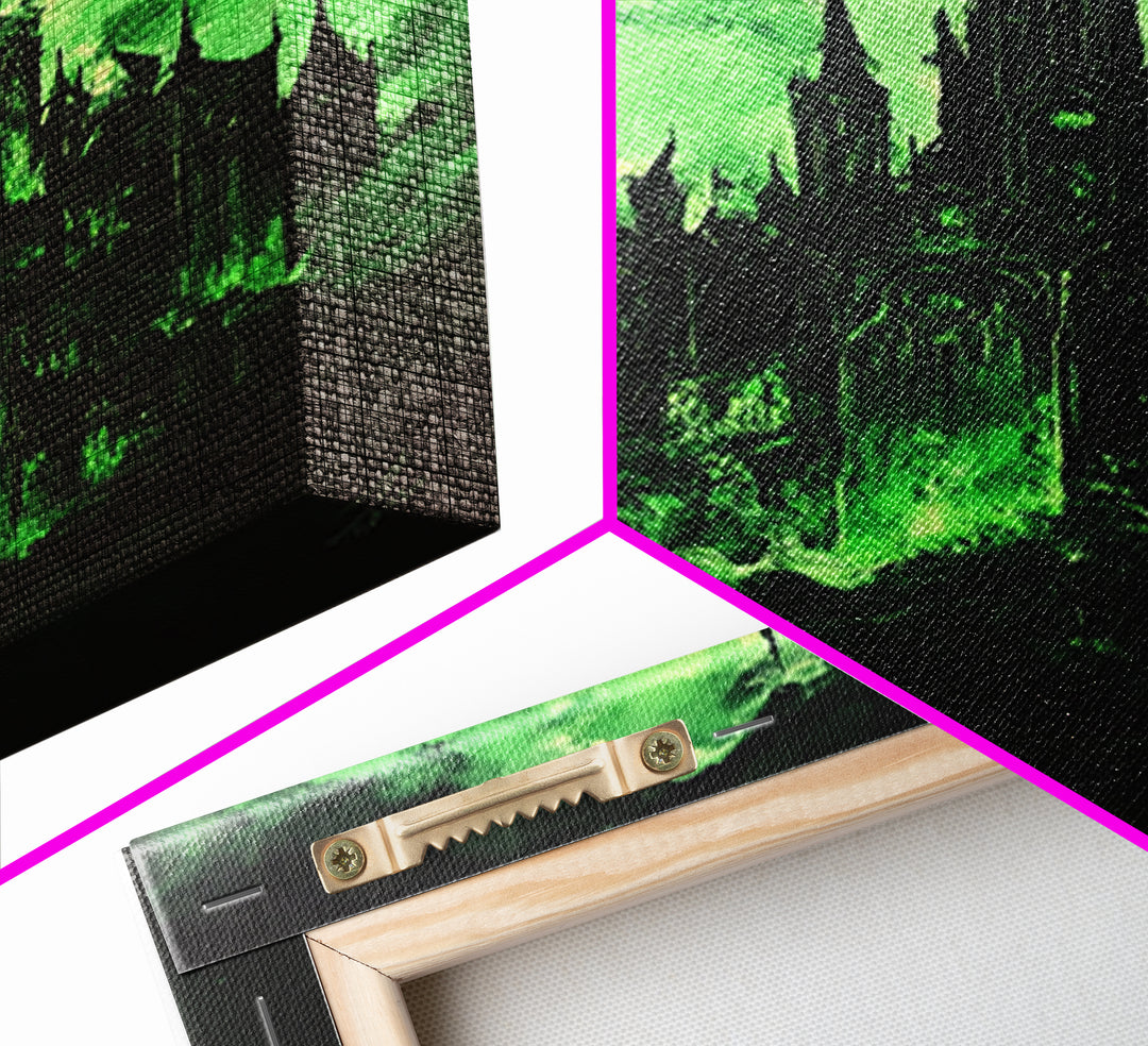 Green Haunted Gothic Cathedral Wall Art, Dark Fantasy Castle Canvas Print, Witchy Decor, Moody Black And Green Poster Print