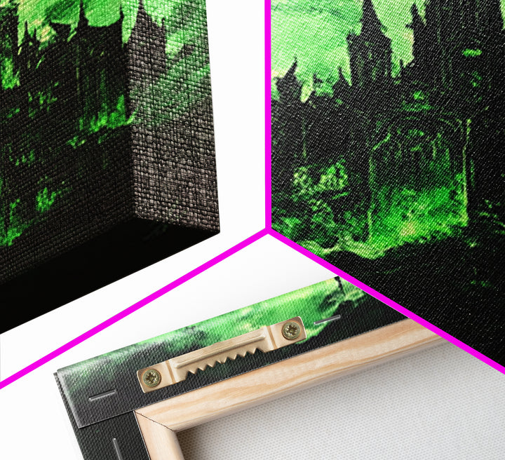 Green Haunted Gothic Cathedral Wall Art, Dark Fantasy Castle Canvas Print, Witchy Decor, Moody Black And Green Poster Print
