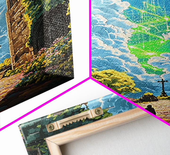 Glowing Crystal Towers Above Ruins Wall Art, Fantasy City Canvas Print, Whimsical Garden Decor, Magical Architecture Poster