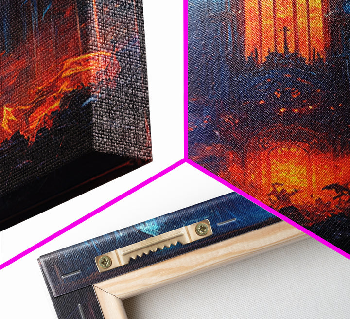 Fiery Gothic Cathedral Battle Canvas Print, Dark Fantasy Wall Art, Medieval Warrior Decor, Dramatic Red And Blue Poster Print