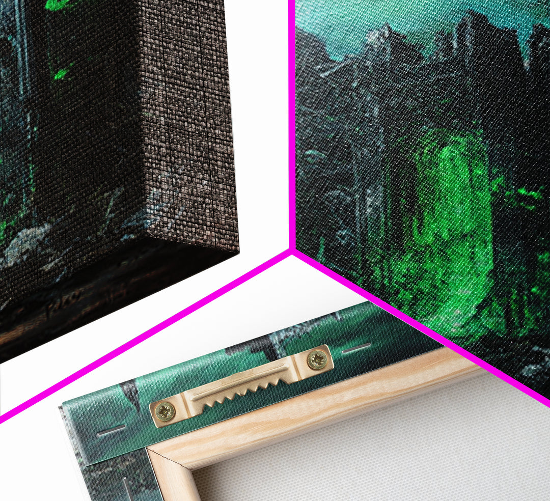 Green Portal Gothic Cathedral Wall Art, Dark Fantasy Ruins Print, Dragon Raven Decor, Moody Gothic Home Decor Gift For Him