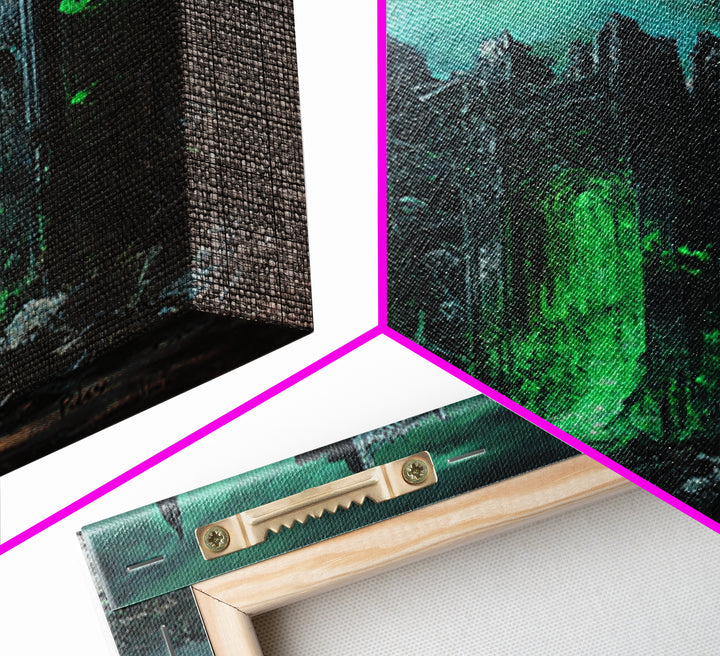 Green Portal Gothic Cathedral Wall Art, Dark Fantasy Ruins Print, Dragon Raven Decor, Moody Gothic Home Decor Gift For Him