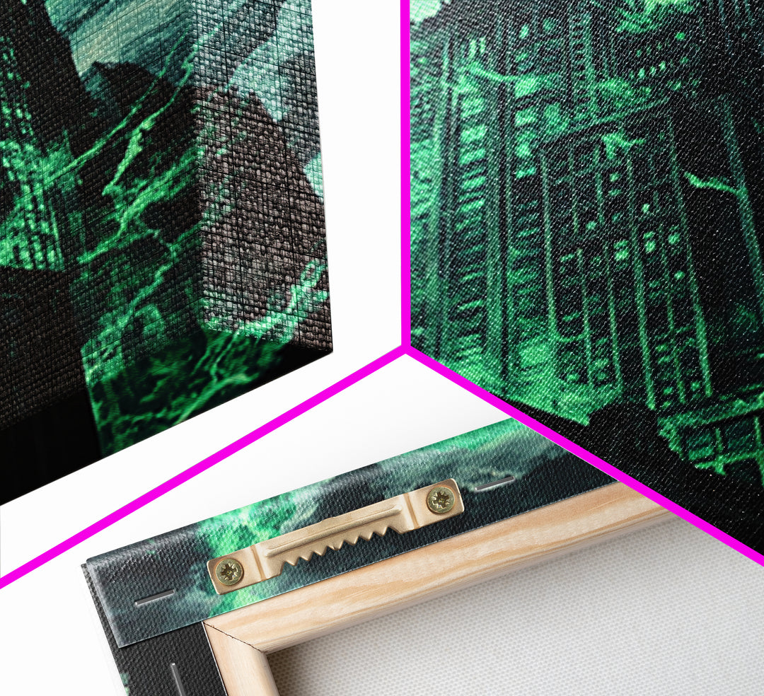 Emerald Storm Skyscraper Wall Art, Dark Urban Fantasy Print, Gothic City Lightning Decor, Moody Office Wall Decor, Home Decor Gift