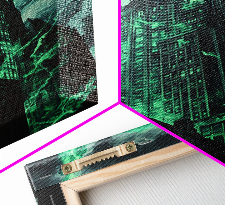 Emerald Storm Skyscraper Wall Art, Dark Urban Fantasy Print, Gothic City Lightning Decor, Moody Office Wall Decor, Home Decor Gift