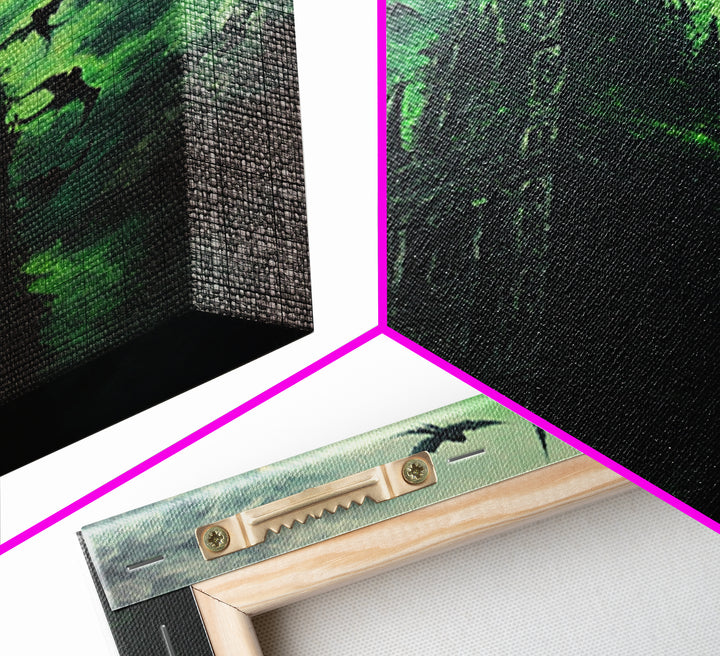 Shadowed Gothic Tower Wall Art, Green Storm Dragon Print, Dark Fantasy Castle Decor, Moody Gothic Home Decor Gift For Him