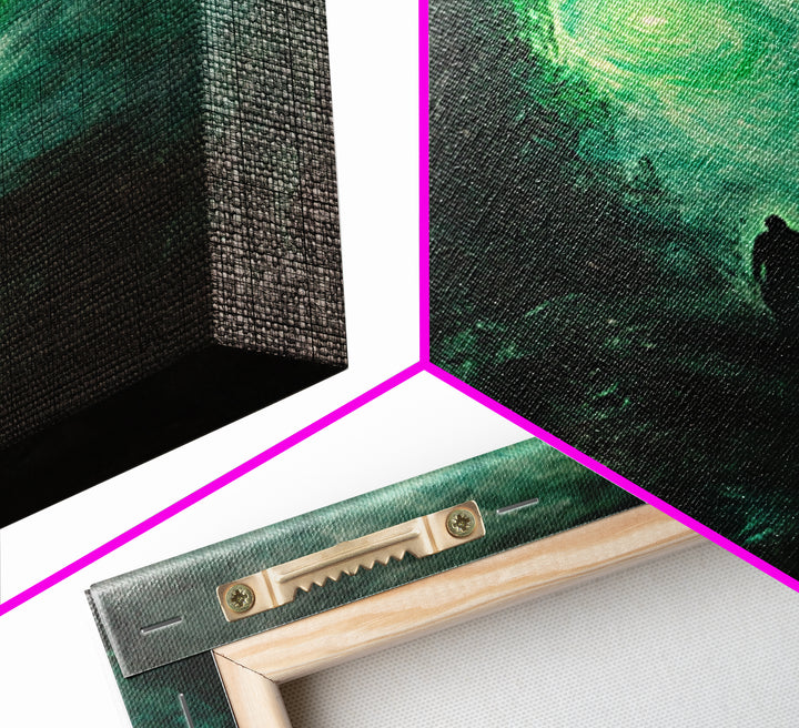 Dark Emerald Spire And Lone Wanderer Wall Art, Gothic Fantasy Canvas Print, Moody Surreal Landscape, Dark Academia Decor