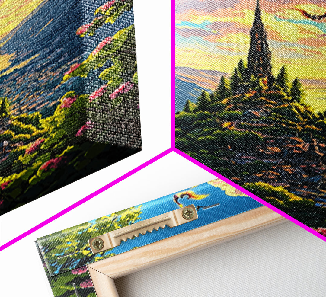 Sunlit Mountain Village With Flying Dragons Canvas Print, Fantasy Landscape Wall Art, Whimsical Home Decor, Gift For Her