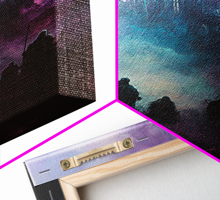 Purple Mist Fortress And Shadow Riders Framed Canvas Print, Dark Fantasy Wall Art, Gothic Castle Decor, Statement Artwork