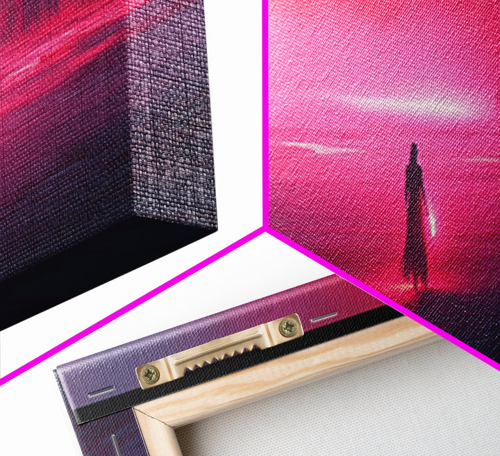 Lone Traveler In Magenta Alien Fog Wall Art, Sci Fi Landscape Canvas, Futuristic Decor, Neon Pink Living Room Art Print Gift