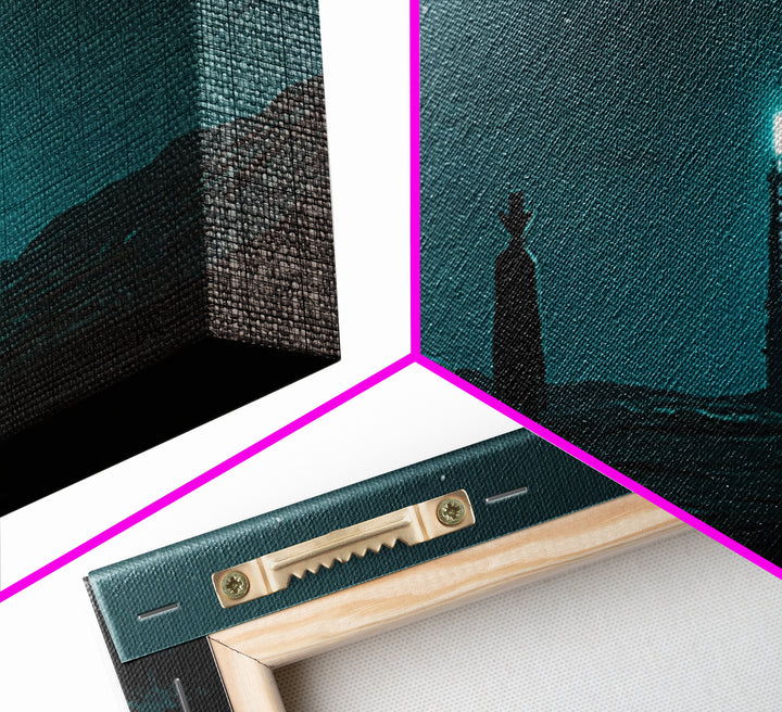 Starry Teal Desert Cowboy And Beacon Tower Wall Art, Sci Fi Western Landscape Print, Masculine Office Decor Gift For Him