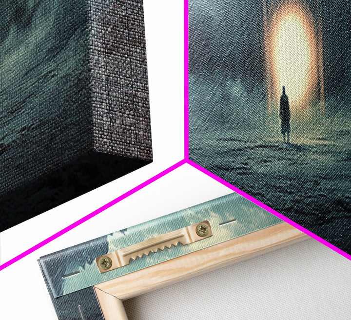 Misty Portal In Dark Mountains Wall Art, Moody Sci Fi Landscape Canvas Print, Atmospheric Office Decor And Modern Wall Decor