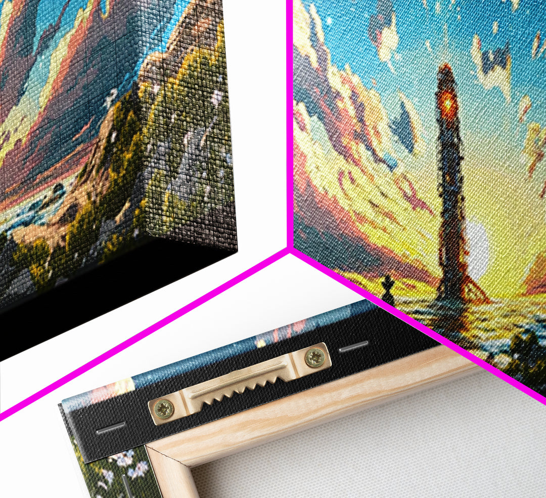 Colorful Beacon Tower By Ocean Sunset Canvas Print, Sci Fi Coastal Landscape Wall Art, Vibrant Living Room Wall Decor Gift