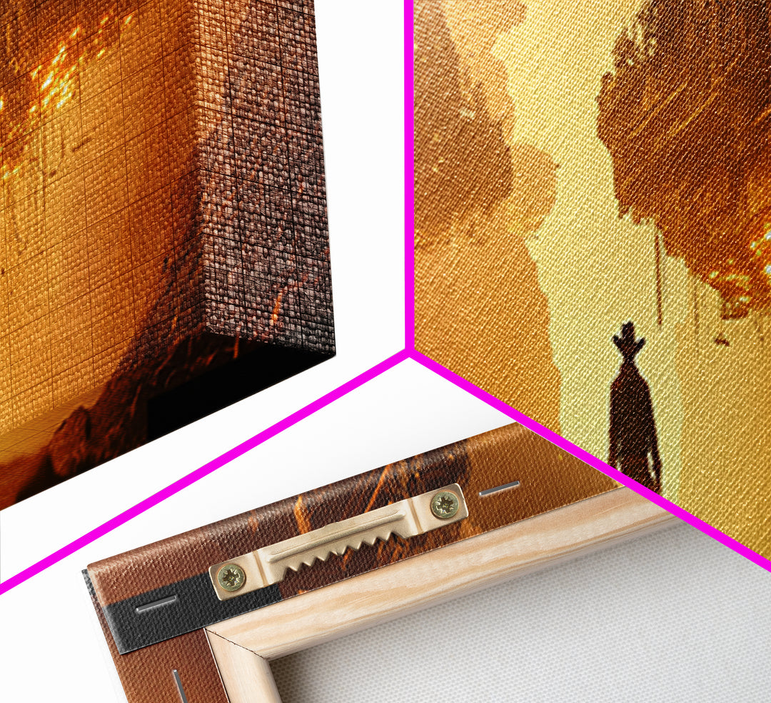 Golden Dystopian Airship Canyon Wall Art, Sci Fi Cowboy Landscape, Orange Futuristic Cinematic Canvas Print, Man Cave Decor