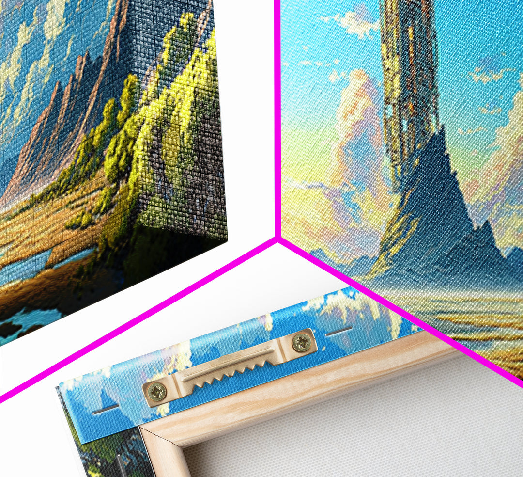 Mountain Valley Monolith Canvas Print, Bright Sci Fi Landscape, Panoramic Wall Art, Modern Nature Decor For Living Room Art