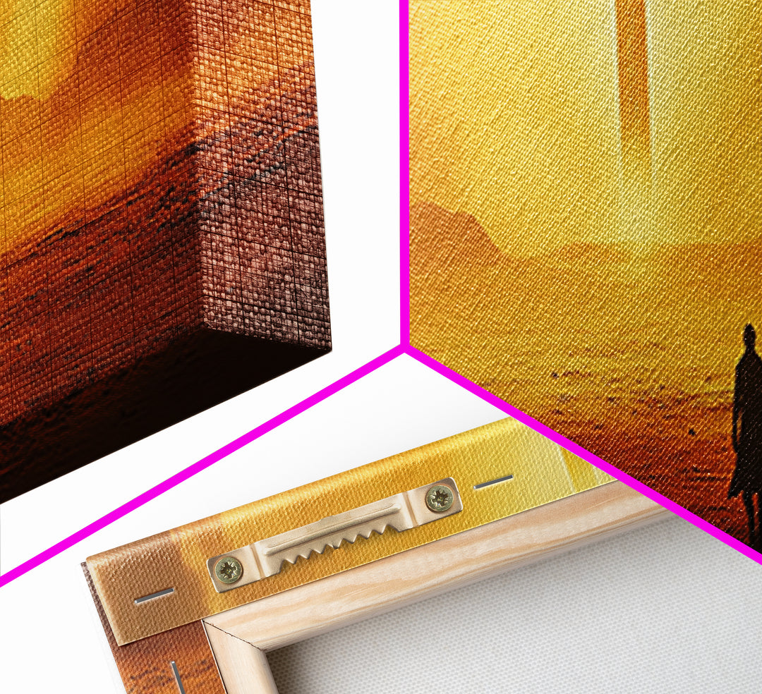 Golden Desert Monolith Wall Art, Cinematic Sci Fi Landscape, Minimalist Canvas Print, Warm Earth Tone Living Room Decor Art