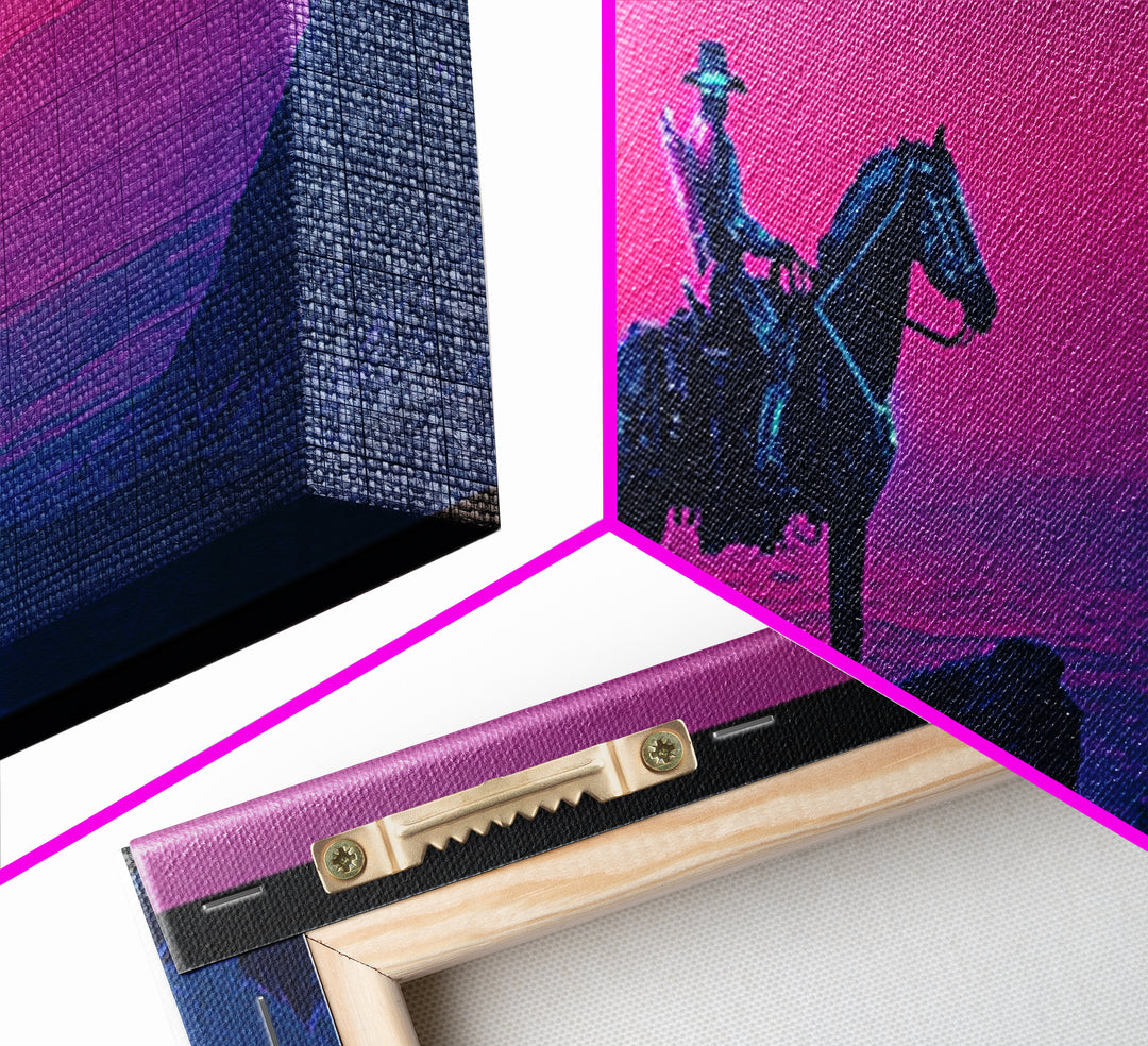 Cowboy On Pink Canyon Cliff Canvas Print, Western Wall Decor, Southwestern Landscape Art, Large Panoramic Wall Art, Home Decor