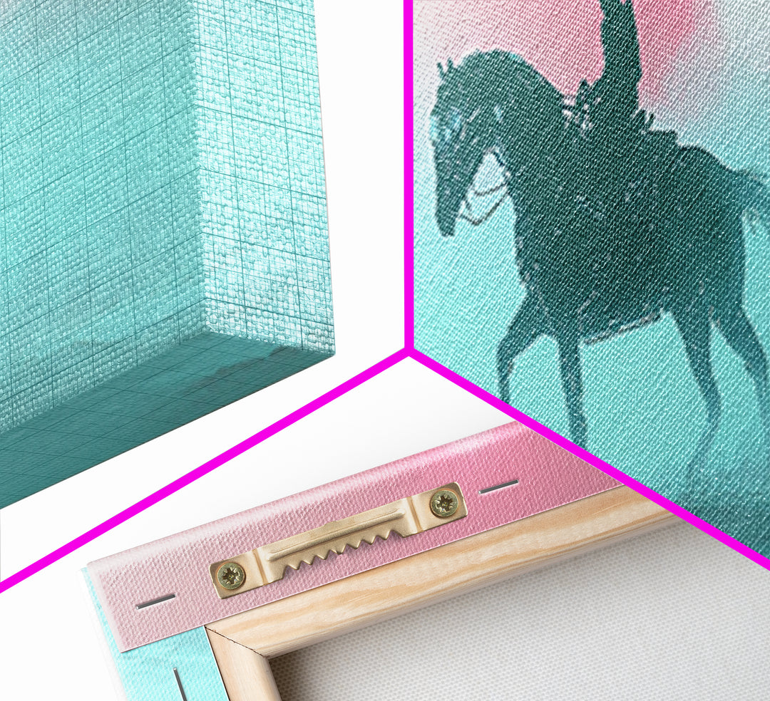 Misty Cowboy Riding Through Pastel Fog Wall Art, Western Horse Canvas Print, Serene Landscape Decor, Calming Bedroom Art