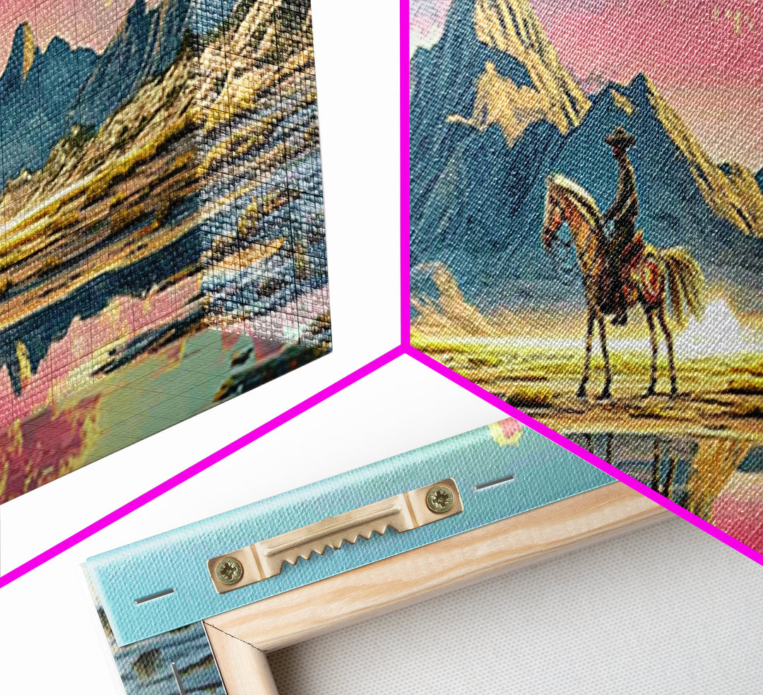 Cowboy And Horse Reflected In Alpine Lake Canvas Print, Western Mountain Wall Art, Pastel Sunset Decor, Large Panoramic Art