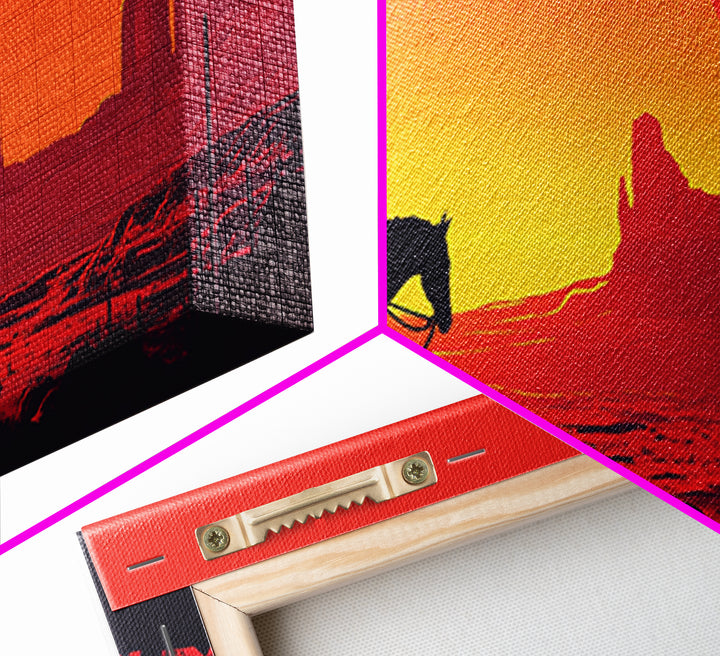 Silhouette Cowboy Crossing Orange Desert Sunset Wall Art, Southwestern Decor, Western Canvas Print, Extra Wide Horizontal Art