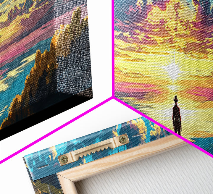 Cowboy And Horse Over Golden Sea Sunrise Framed Canvas Print, Western Landscape Wall Art, Inspirational Home Decor, Above Sofa Art