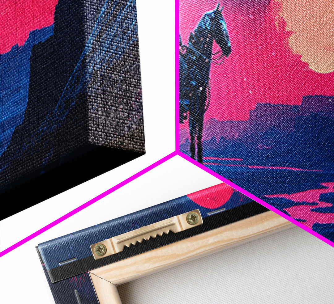 Neon Cowboy Above Moonlit Canyon River Canvas Print, Western Sci Fi Wall Art, Vaporwave Decor, Large Horizontal Print, Home Decor