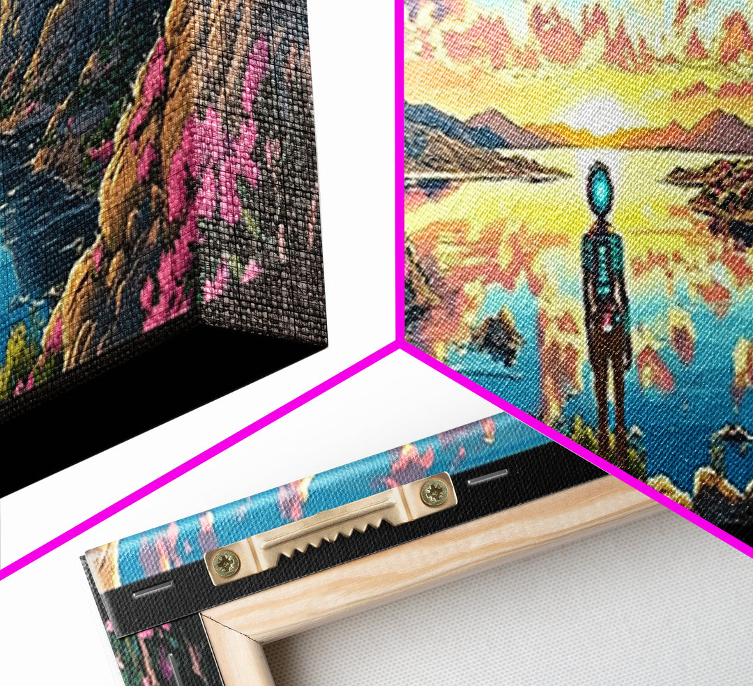 Astronaut Over Flowered Mountain Lake Valley Wall Art, Sci Fi Landscape Canvas Print, Colorful Nature Decor, Gaming Room Art