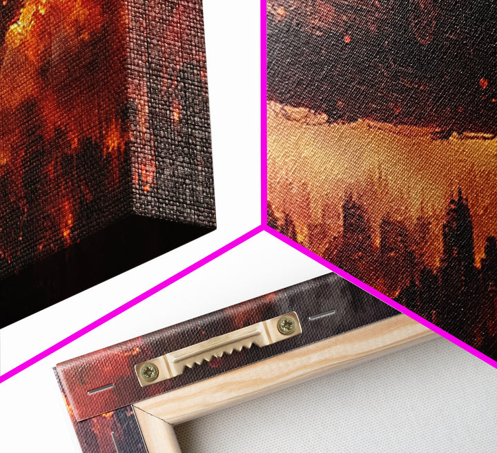 Steampunk Airship Over Burning Futuristic City Wall Art, Dystopian Sci Fi Canvas Print, Dark Industrial Office Decor, Man Cave Art
