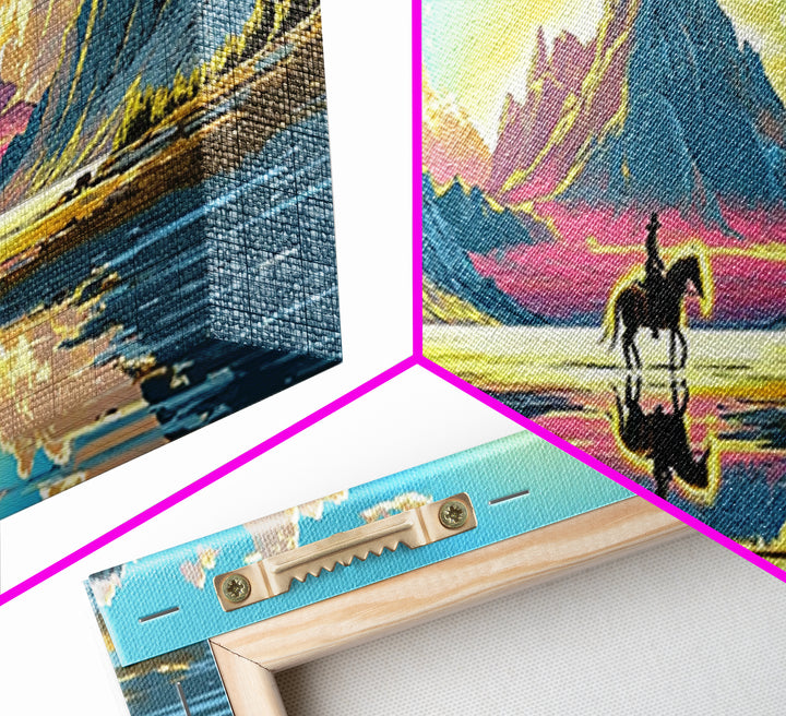 Solitary Rider At Mirror Lake Canvas Print, Western Mountain Landscape Art, Panoramic Wall Art, Rustic Decor, Gift For Him