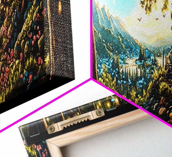 Enchanted Forest Path With Lanterns Wall Art, Mountain Valley Landscape Print, Whimsical Decor, Large Panoramic Canvas Art