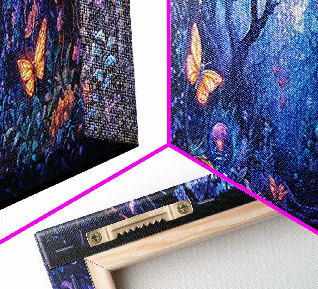 Enchanted Butterfly Forest At Twilight Wall Art, Fantasy Woodland Canvas Print, Dark Floral Decor, Whimsical Bedroom Art