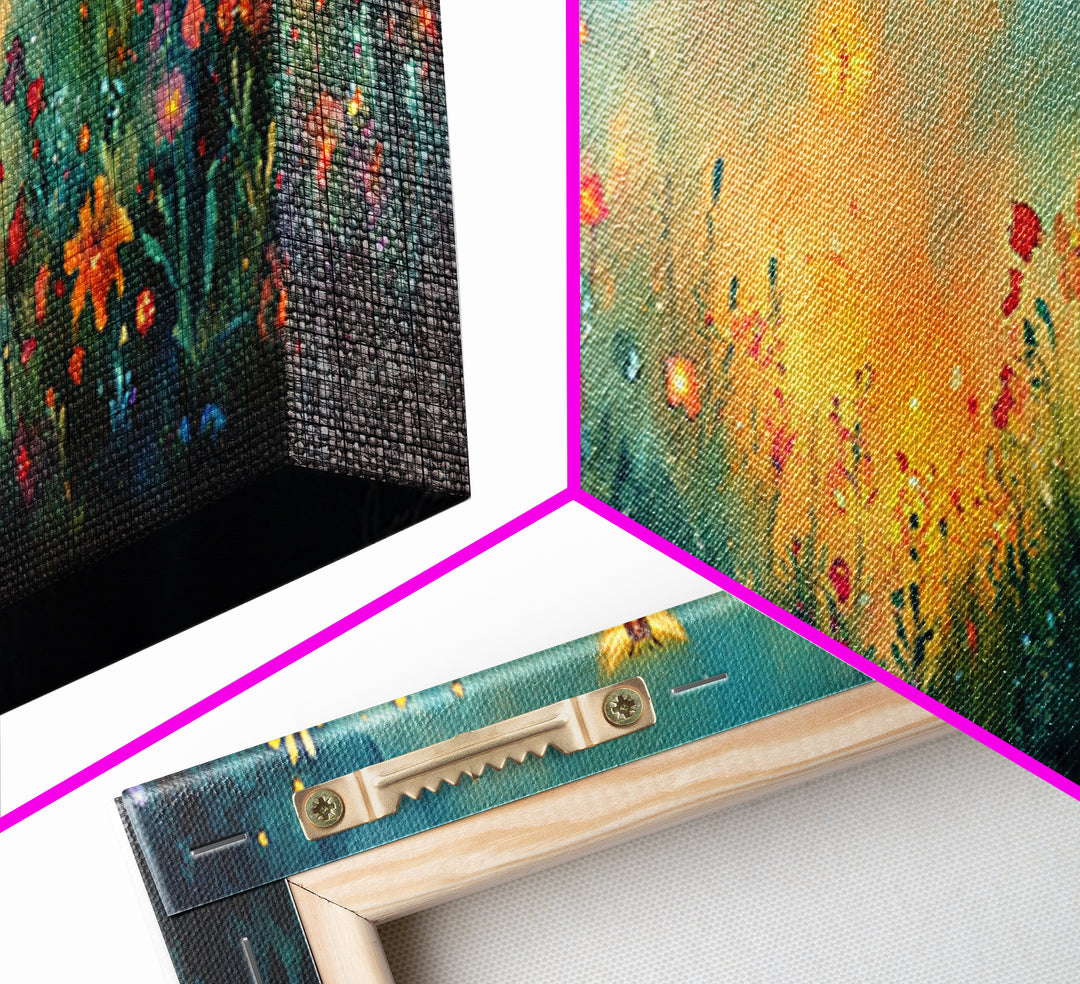 Glowing Wildflower Meadow With Fireflies Wall Art, Whimsical Floral Canvas Print, Dark Botanical Decor, Cozy Bedroom Art