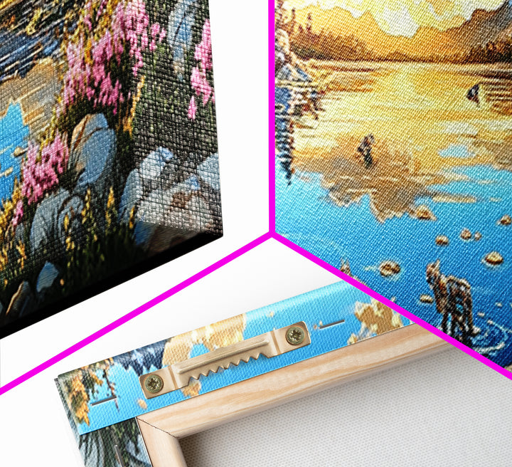 Mountain Lake Sunset With Pink Wildflowers Wall Art, Panoramic Landscape Print, Nature Decor, Living Room Wall Decor, Home Decor
